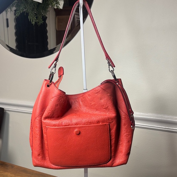 MCM KLARA HOBO LOGO EMBOSSED Red Leather Women's Shoulder bag w/ crossbody strap - Picture 3 of 16